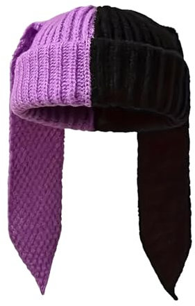 WUODHTW Damen-Beanie-Mütze mit langen Ohren, niedlich, lustig, gestrickt, Winter, warm, Ski, Totenkopf, Outdoor, Slouchy Hat, schwarz / lila, Einheitsgröße
