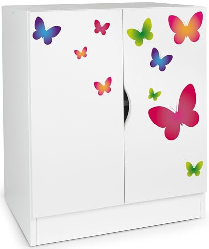 Leomark Moderner Kleiderschrank Roma - Weißer Schrank für Kinderzimmer, höhenverstellbare Einlegeböden, 60 x 42 x 78 cm (H) | UV-Druck: Schmetterlinge
