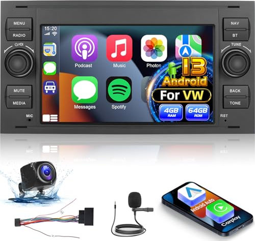Techschermo [4+64G] Carplay Radio para Ford Focus/Transit/C-max/S-max/Galaxy/Fusion/Kuga/Mondeo/Connect - 7 Pulgadas IPS Touchscreen Audio EQ con Inalámbrico Android Auto, AI DSP + Cámara de Seguridad