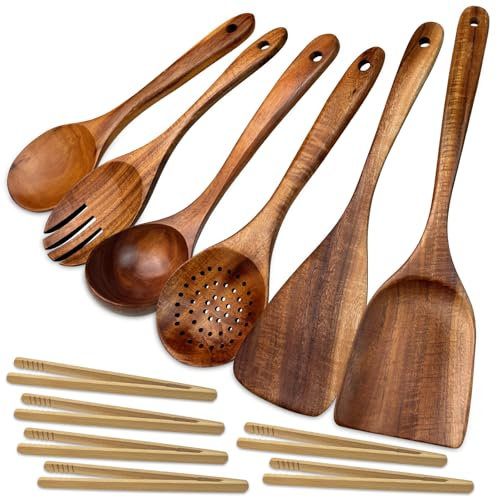 Holzkochlöffel 12 Stück Kochbesteck Set - Hochwertige Küchenutensilien aus Teakholz für das Kochen, Kratzerfreie und Antihaft Kochfreude - Kochlöffel, Pfannenwender holz, Nudellöffel (12)