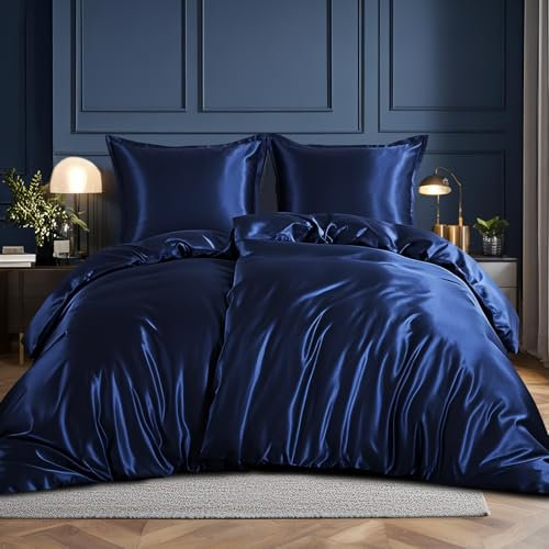 RUIKASI Satin Bettwäsche 135x200 4teilig - Seidig Bettbezug Blau wie Seiden Bettwäsche Set Dunkelblau für Haar und Haut, Glänzend Bettwäsche 135x200cm mit Reißverschluss und Kissenbezug 80x80cm