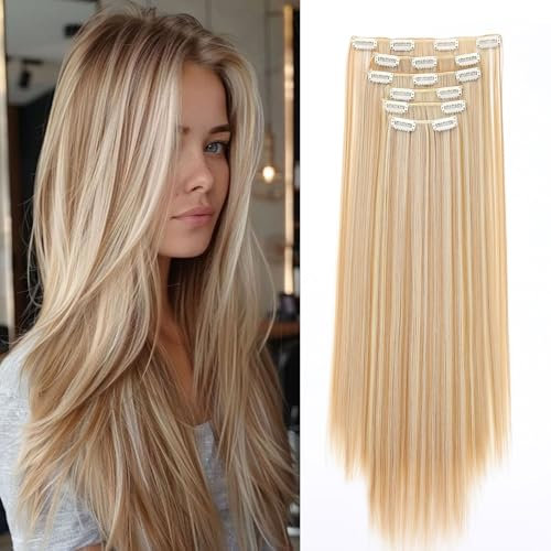 Cybelleza Clip in Extensions wie Echthaar Haarverlängerung Haarteil Glatt 6 Teile 65cm Hair Extensions Clip in Haarteil Lang Gerade Günstig Haarverdichtung Synthetische, Honigblond & Bleichblond