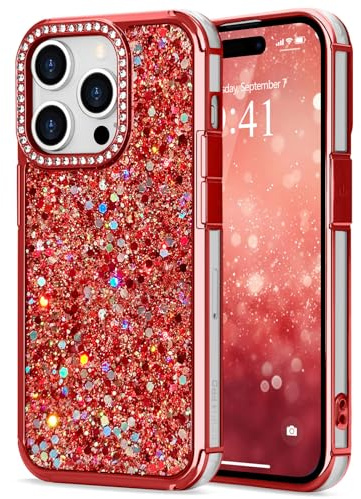 ROSEHUI Glitter Sequin Bling Phone Case for iphone 13 Pro, Red | Cute with Rhinestone Diamonds, TPU Shockproof Protective Cover, Clear TPU Bumper, Luxury Slim, Fashion for Women Girls