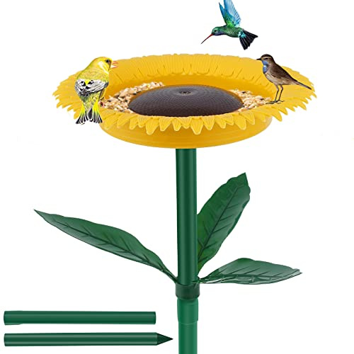 Vogeltränke Stehend, 24 x 43 cm, Sonnenblumenform Vogelbad mit Ständer, langlebige PP Vogeltränke für draußen Schmücken Gartenpfahl Stehende Schale und Wassertränke