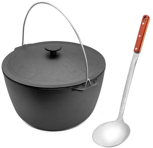 Gusseisen Topf 8 L mit Deckel und Schöpflöffel Kazan mit Bügel Schwenktopf Campingtopf Gulaschkessel Schmortopf Dutch Oven Induktionsgeeignet & Ofenfest Gusseisentopf für Kochen & Braten Asia WOK