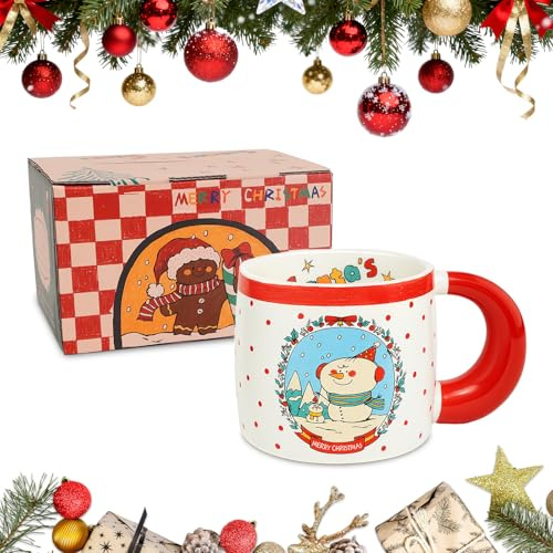 BEIUEN Weihnachtstasse 500ml Keramik Weihnachtsbecher mit Schneemann Motiv & Geschenkbox Glühweintasse für Kinder Frauen Kollegen Mikrowellengeeignet Spülmaschinenfest