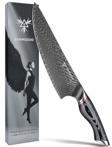 SANMUZUO Couteau de chef 20 cm - Couteau de cuisine japonais professionnel - Acier Damas noir avec manche ergonomique - Série MIAO