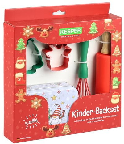 KESPER | Kinderbackset 5-tlg. - Teigrolle, Schneebesen, 2 Ausstechformen & Keksdose | Weihnachts-Backset für Kinder, robust & kindgerecht | 69128
