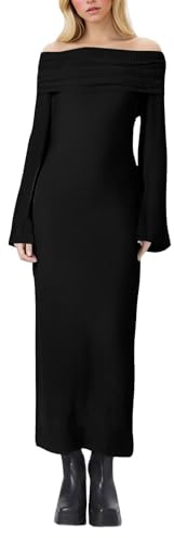 Vhersily 2026 Langes Kleid für Damen, sexy, einfarbig, schulterfrei, hoher Kragen, Ballon-Ärmel, lange Beine, hohe Taille, formend, zum Aufwärmen für Luxus-Partys, täglicher Commuter, Schwarz , S