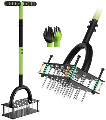 Grenebo Lawn Aerator Manual Aerator Lawn Tool with 16 Spikes, Metal Grass Aerator for Yard, Lawn Aeration, Automatic Soil Ejection, Pre-Assembled Lawn Aerator Tool (Black Green)