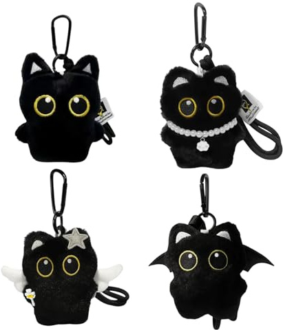 Rbleote 4 Stück Schwarze Schlüsselanhänger Katze,Flauschige Anhänger Tasche,Niedliche Cartoon Schlüsselanhänger Süß,Vier Designs,Die Töne Erzeugen Können,Das Perfekte Geschenk Für Katzenliebhaber