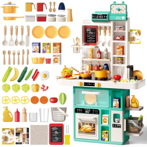deAO Cocinas Infantiles, 69 PCS Cocina Juguete, Grifo Agua, Luces y Sonido | con Vajilla, Comida, Fregadero, Cocina de Vapor, Horno, 54x21x88 cm, Plástico Seguro, Regalos para Niños +3 Años, Verde