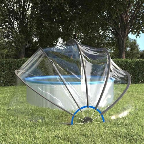 Dôme de piscine rond en PVC 406 x 203 cm | Cadre en fibre de verre, mécanisme de pliage, transparent, avec piquets et piquets