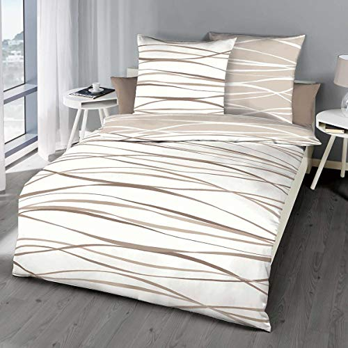 G BETTWARENSHOP kuschelig weiche, Moderne Biber Bettwäsche Motion Natur aus 100% Baumwolle mit Reißverschluss 140x200 cm + 70x90 cm