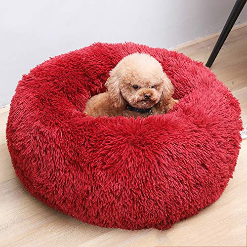 Monba Hundebett, rundes Tierbett für Hunde, in Doughnut-Form, Abnehmbarer Bezug, mit Kissen, flauschig Hundesofa, Waschbar Haustierbett für Hunde und Katzen-70cm-Rot