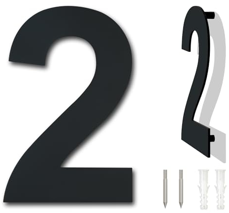 Numéro de maison extérieur moderne en acier inoxydable, hauteur 125 mm, plaqué noir (numéro 2 Deux)