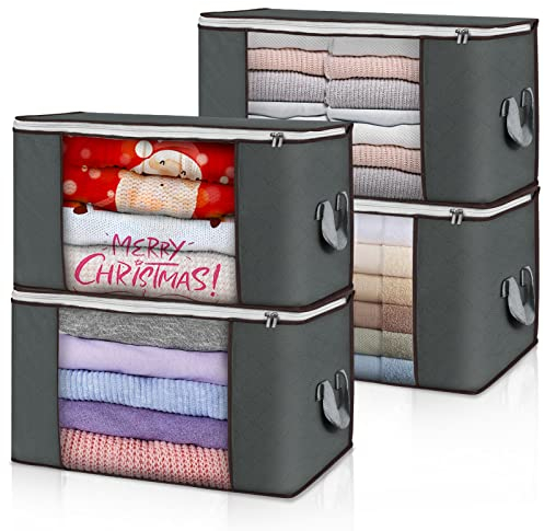Budding Joy 4 Stück 90 L Storage Bags, Storage Boxes with Lid, Large, Moving Boxes, Foldable Underbed Storage Box for Clothes, Duvets and Bedding, Clothes Storage Boxes (Grau)