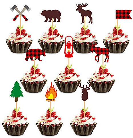 40 Pcs Lumberjack Cupcake Toppers Buffalo Plaid Baby Bear Cake Picks Decorations for woodland Birthday Baby Shower Camping Theme Party Favors Supplies