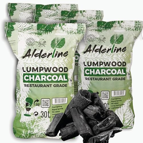 Alderline Lumpwood Charcoal – Premium Restaurant Grade BBQ Charcoal – Large Chunks, High Heat, Easy to Light, 4 x 30L Bags