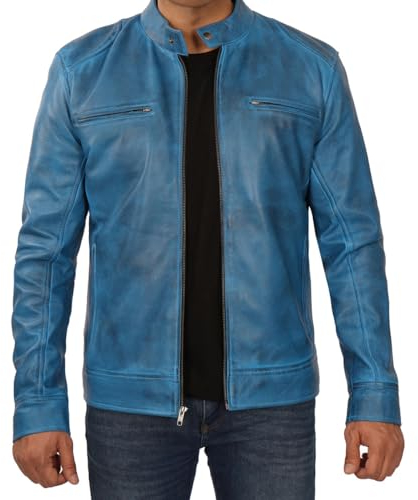 Blingsoul Lederjacke Herren - Pure Lammfell Cafe Racer Style Lederjacke, Dodge - Himmelblaue Jacke, Medium