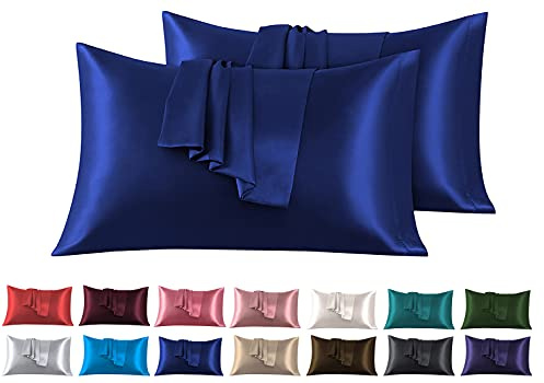 Lot de 2 Taies Oreiller en Satin 50 x 80 cm, Oreiller Satin Bleu foncé, Satinées Housse d'oreiller Doux Prend Soin de Votre Peau et Antichute de Cheveux