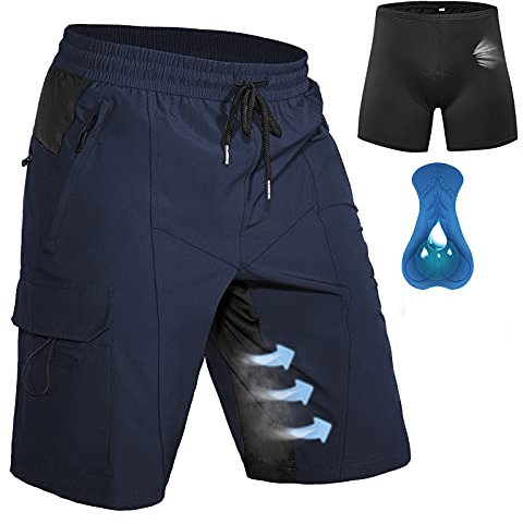 Hiauspor Herren MTB Hose Kurz Gepolstert Mountainbike Hose mit Polster Fahrradhose Herren Atmungsaktiv Radhose Outdoor Schnelltrocknend Radlerhose (Navy, L)
