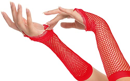 Balinco Rockige Netzhandschuhe 80er / 90er Jahre für Damen & Mädchen (Lang - Rot)