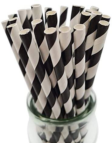 Retro Paper Drinking Straws (100% Biodegradeable) Black & White Striped - Pack of 50