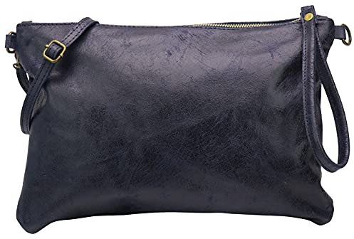 SH Leder Echtleder Umhängetasche Clutch im vintage look mittelgross Tasche Abendtasche 33x22cm Clara G396 (Dunkelblau)
