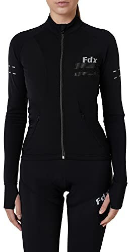 FDX Women’s Cycling Jersey, Italian Thermal Super Roubaix, Water Resistant, Windproof Cycle Top, Full Zipper Cycling Jacket, Hi-Viz Long Sleeve, Winter Cycle Shirt, Ladies Bike Clothing(Black-M)