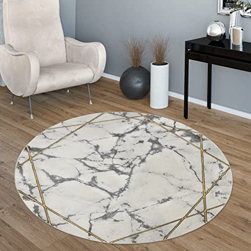 Paco Home Wohnzimmer-Teppiche Grau Gold Weich Marmor Optik Kurzflor mit vers. Designs, Grösse:120 cm Rund, Farbe:Gold 3