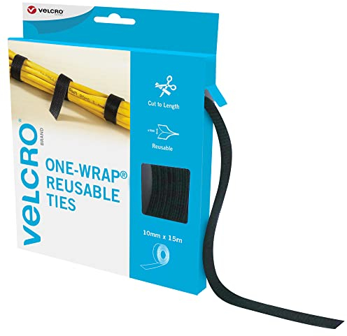 VELCRO Brand | One-Wrap Reusable Ties | Multi-Purpose Ties Perfect Desk Accessories for Cable Management & Home Improvement | Black | 10mm x 15m