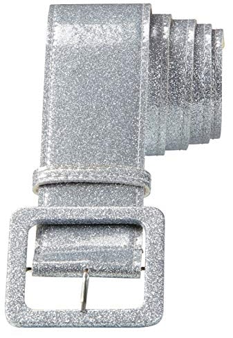 MIMIKRY Breiter Glitzer-Gürtel 86-103 cm Disco 70er 80er Jahre Glamour Kostüm-Zubehör, Farbe:Silber