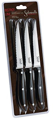 Salvinelli BISTROT Coltello Bistecca Seghettato, acciaio inossidabile Forgiato, Coltello Carne 6 pezzi, Lama 115 mm, Manico Ergonomico, Nero e Acciaio (B6CBFBI)