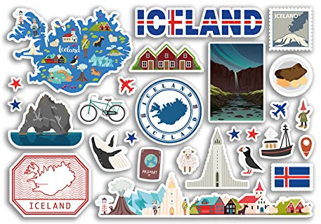 A5 Aufkleberbogen Island-Wahrzeichen Vinyl-Aufkleber – Islandkarte Flughafen Stempel Skyline Flagge Reise Urlaub Land Stadt Ästhetik #80299