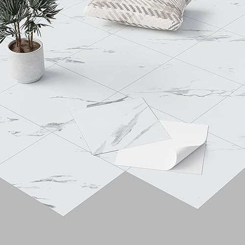 Homease PVC Vinyl Floor Tile Sheet, Self-Adhesive Marble Effect, Non-Slip, Waterproof, Matt White, 50 Tiles, 4.5 m²