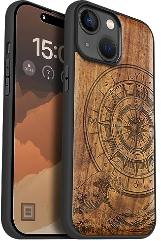 Carveit Holz Handyhülle für iPhone 15 Handyhulle kompatibel mit MagSafe Massivholz für Apple 15 Handyhülle Stoßfeste Stoßstange Weich TPU hulle(Nussbaum-Der Kompass vor Kanagawa Waves).
