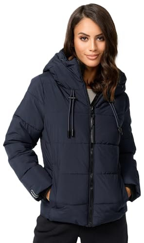 MARIKOO Damen Winterjacke Steppjacke Winter Jacke gesteppt warm mit Kapuze B977 [B977-Shimo-Navy-Gr.S]