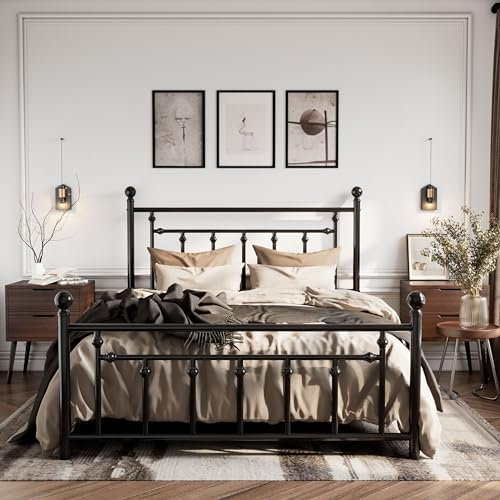 SHA CERLIN 14'' Full Size Metal Platform Bed Frame/Victorian Headboard and Footboard/Steel Slats Mattress Foundation for Storage/No Box Spring Needed/Noise Free/Black