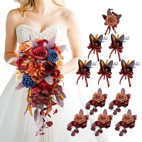 Fsslower Hochzeitssträuße für Braut mit Ansteckblume und Knopflochblume, inklusive 1 Brautstrauß, 5 Handgelenk-Ansteckblumen für Hochzeit, 6 Knopflochblumen für Männer (Burgunderrot und Terrakotta)