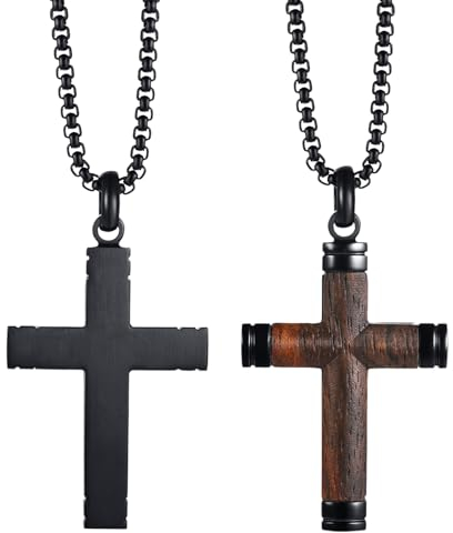 Flongo Herren Kette Kreuz Holz: Wooden Cross Anhänger Halskette schwarz Edelstahl mit Holzkreuz Necklace Christliche Geschenke für Männer jungs Kinder 22 Zoll verstellbar