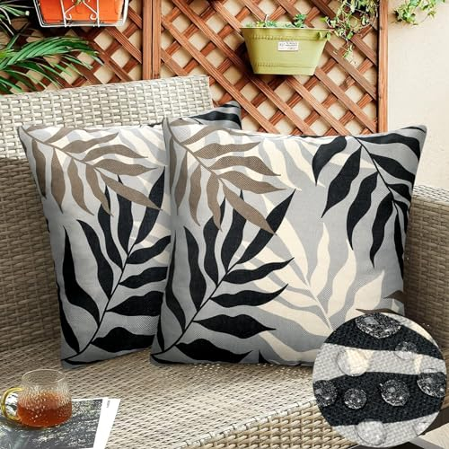 Outdoor Kissenbezug Wasserdicht Schwarz Blattmuster Kissenbezug Grau Kissenbezüge Zierkissen Couchkissen Bezug für Sofa Couch Schlafzimmer 2er Set 40x40 cm Graubraun für Sofa Kissenbezug Schwarz Weiß