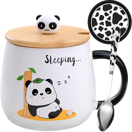 Disoza Tazza Panda Coperchio Tazza Panda Tazza Da Caffè 420ml Tazza Da Caffè Panda Regalo Tazza Da Tè In Ceramica Con Cucchiaio e Sottobicchiere Tazza Da Tè Caffè Natale Regalo Di Compleanno