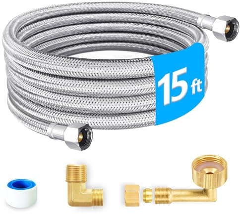 Dishwasher Installation Kit - 15 FT Premium Stainless Steel Braided Dishwasher Hose kit,Food Grade PEX Inner Tube Dishwasher Water Supply Line with 3/8x3/8MIP Elbow,3/8x 3/4 FHT Elbow
