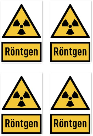 Aufkleber: 150x100 mm, 4 Stück - Röntgen - Warnzeichen mit Text (deutsch) (gelb/schwarz) - hochkant - W003 - DIN EN ISO 7010 / ASR A1.3