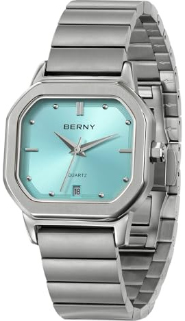 BERNY Silberne Herren-Quarzuhr, Klassische quadratische analoge Armbanduhr | Edelstahlarmband, Alltagsuhr, 3 ATM wasserdicht