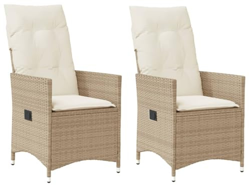 vidaXL Gartensessel mit Kissen 2 STK., Verstellbar Gartenstuhl mit Stahlrahmen, Loungesessel für Außenbereich, Relaxsessel Sthulset, Beige Poly Rattan