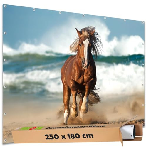 TRIOSK Große Motivplane Sichtschutz Zaunblende mit Motiv Pferd Meer Strand Strandpferd Motivbanner Garten Deko Plane Blickdicht für Zaun Terrasse Gartenzaun Zaunplane PVC 340x173 cm