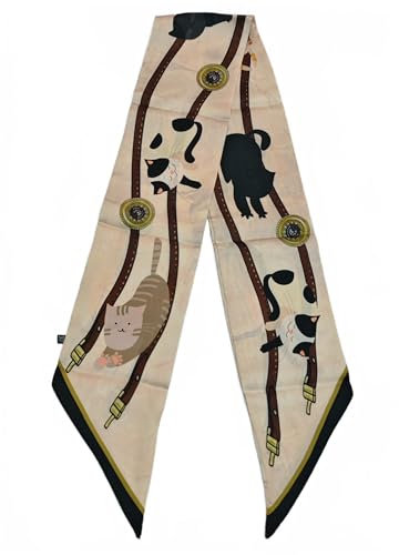 GIMIRO Satin Seidenschal 148 x 13,5 cm Krawatte Double Layer Bund für Blazer, Mantel, Kleid (71# Cats - Belts Cream)