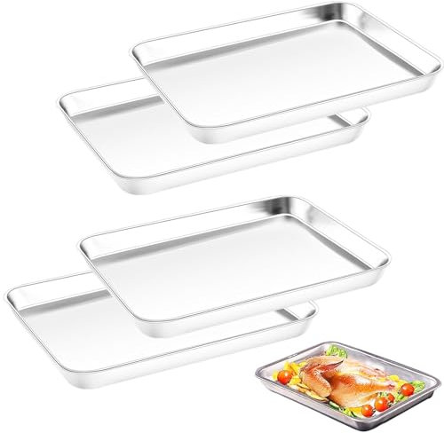 Mini Oven Tray Set of 4, Stainless Steel Cookie Sheet Pan, Professional Rectangle Cake Tin for BBQ Baking Cooking, Mirror Polishing & Dishwasher Safe